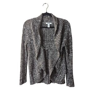 Womens Petite Style & Co Cardigan Sweater Brown Marled Knit Shawl Collar Tie
